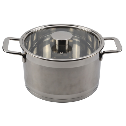 Stainless steel pot with lid on a white background