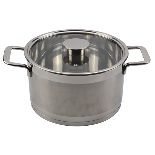 Stainless steel pot with lid on a white background