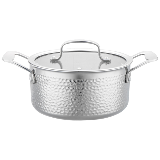 Stainless steel pot with a lid on a white background