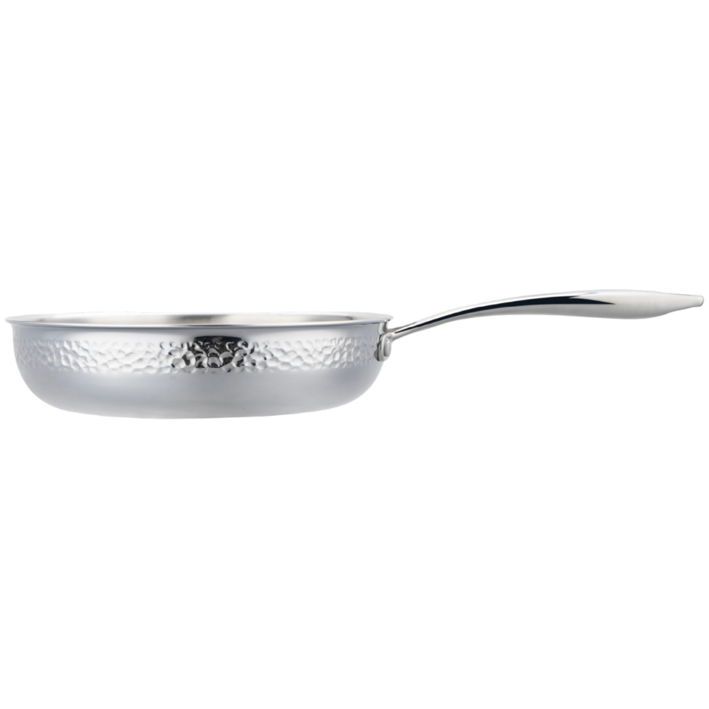 Stainless steel frying pan with decorative handle on a white background