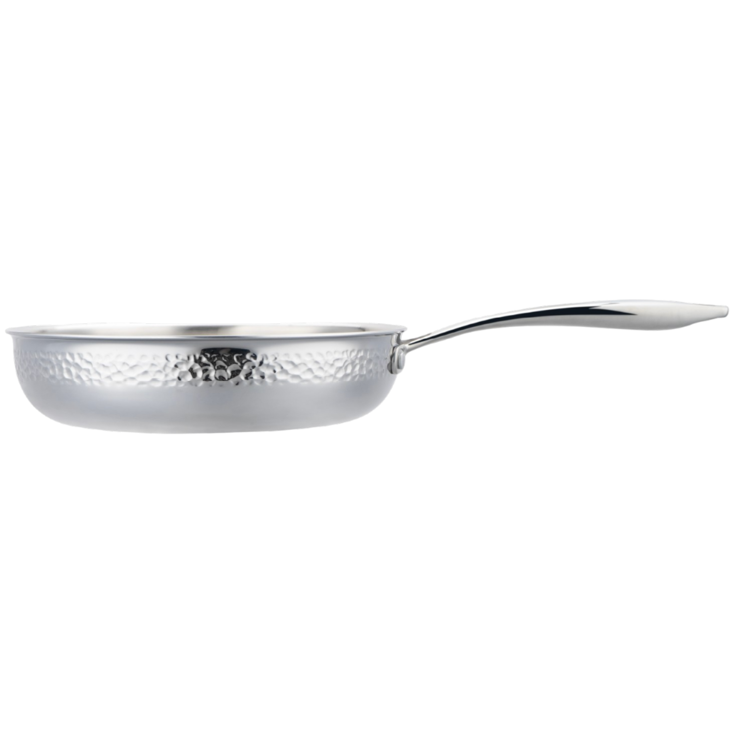 Stainless steel frying pan with decorative handle on a white background