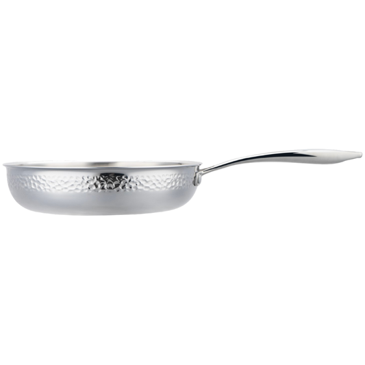 Stainless steel frying pan with decorative handle on a white background