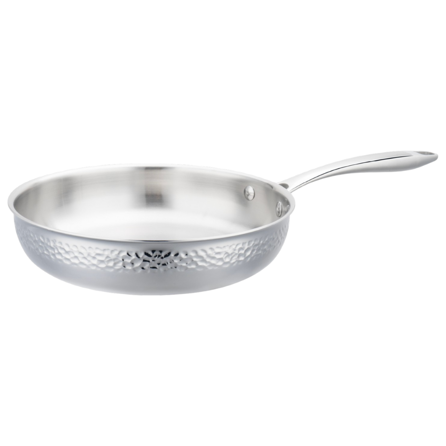 Stainless steel frying pan with textured bottom on a white background