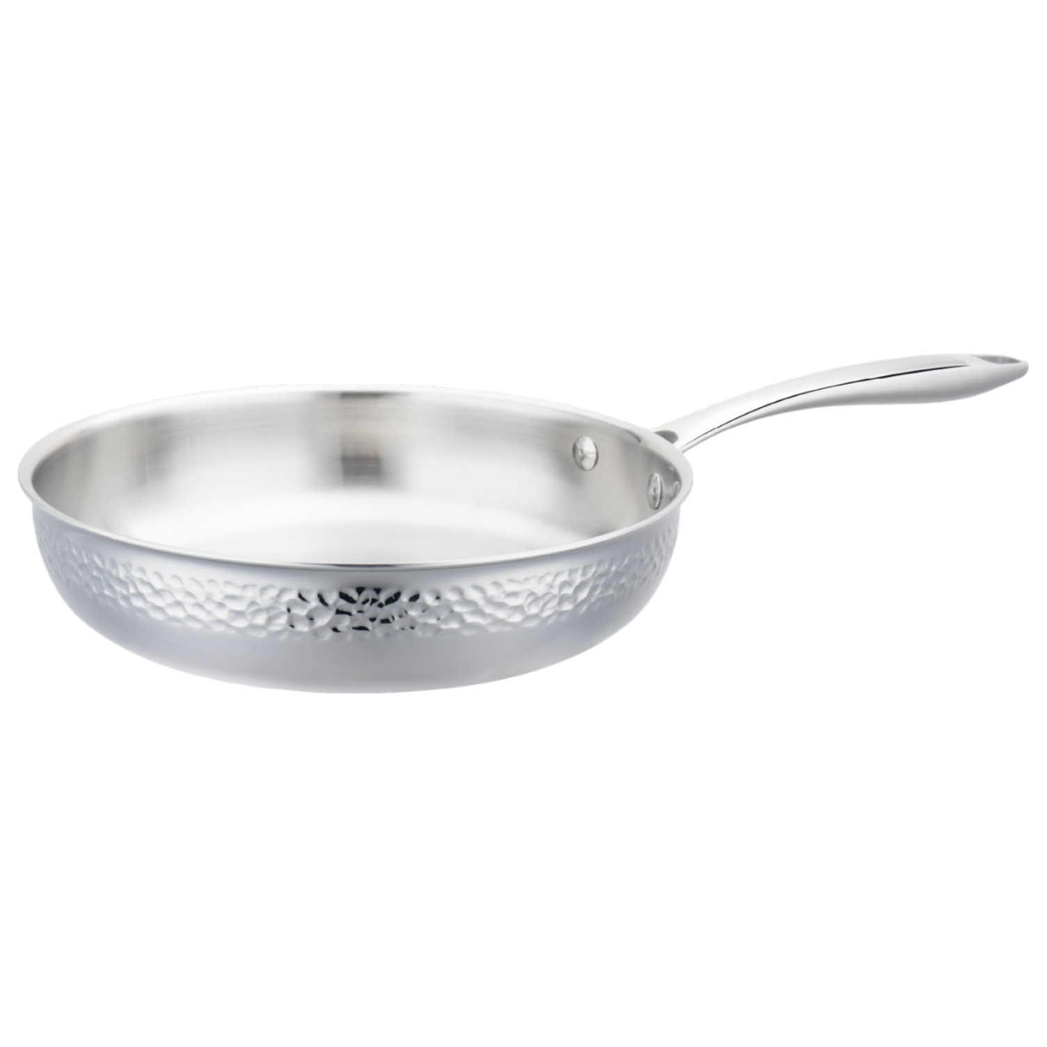 Stainless steel frying pan with textured bottom on a white background