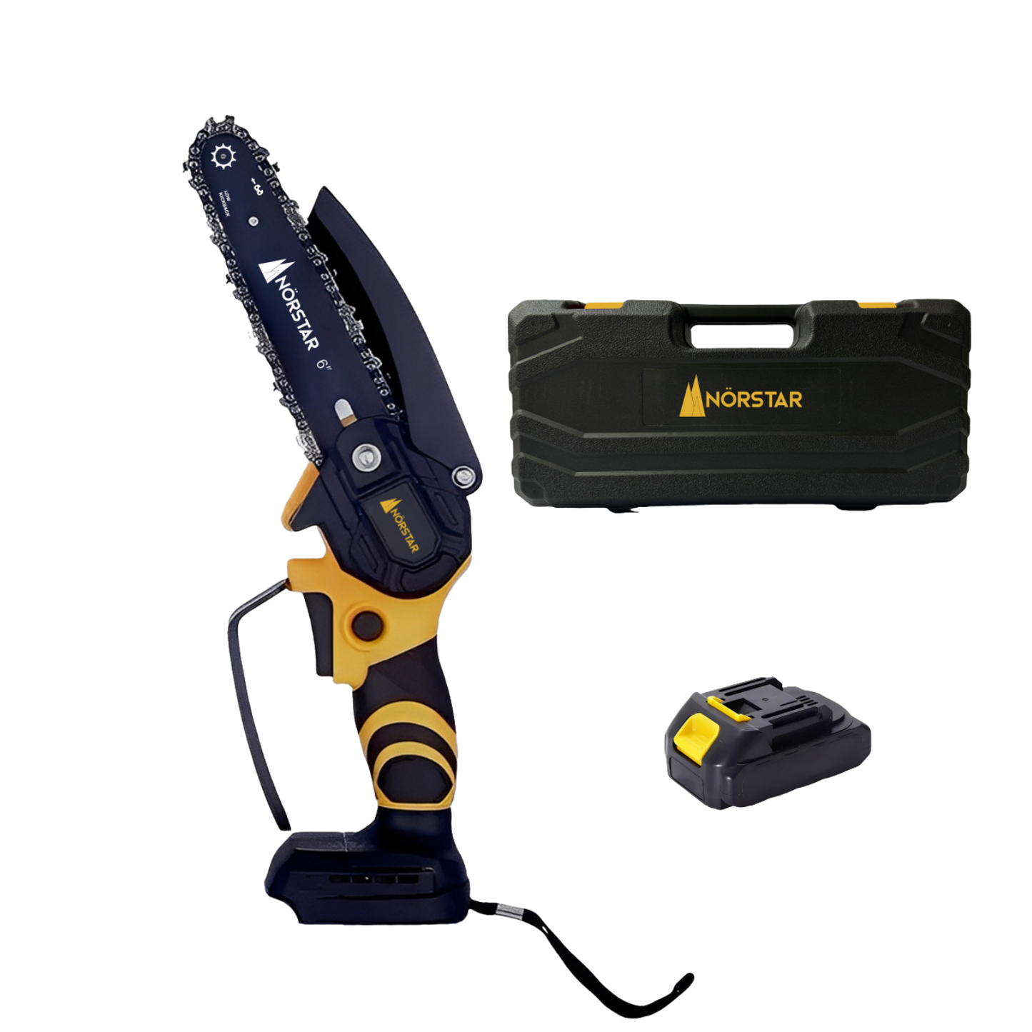 Handheld power tool with black and yellow design, including a case and battery pack on a white background.