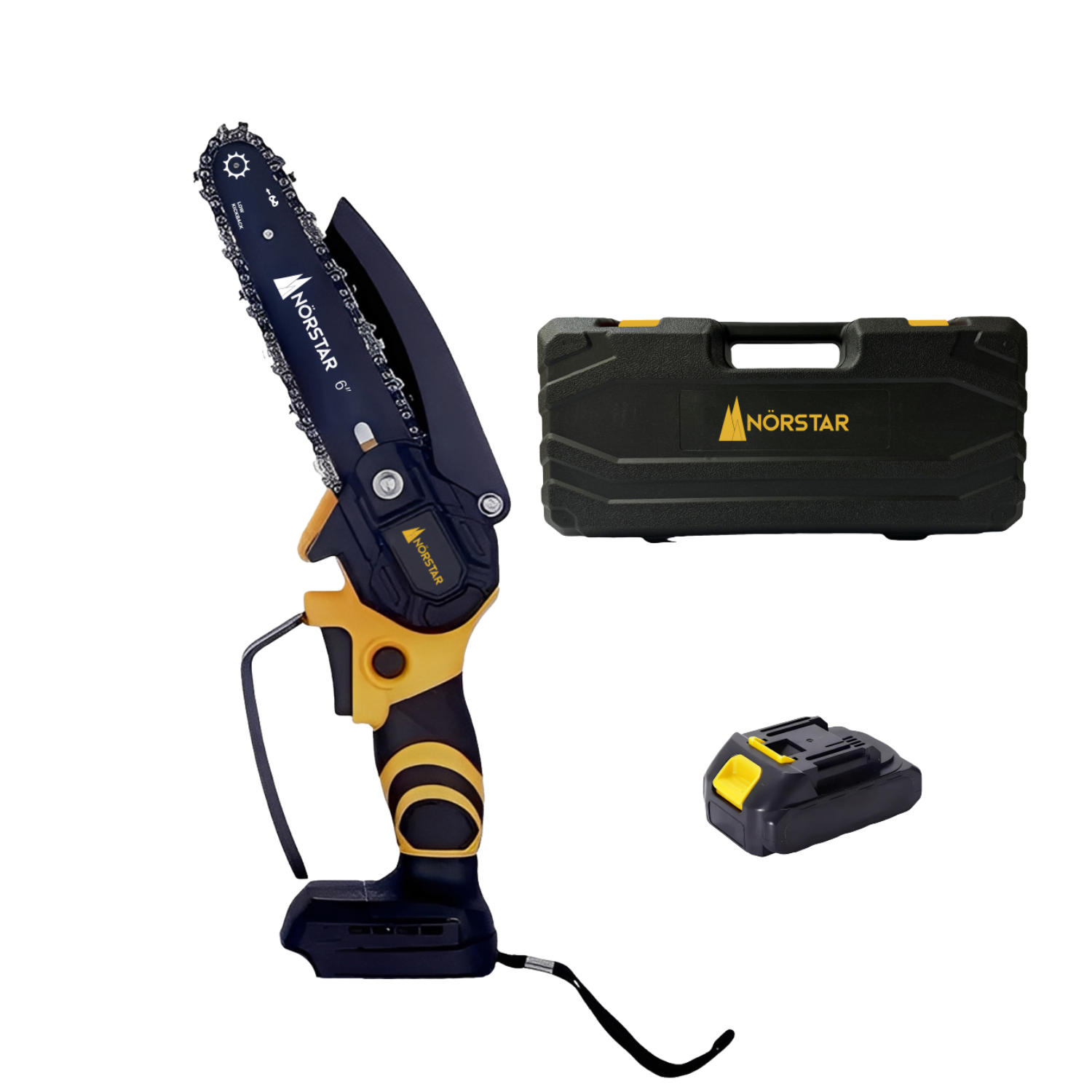 Handheld power tool with black and yellow design, including a case and battery pack on a white background.