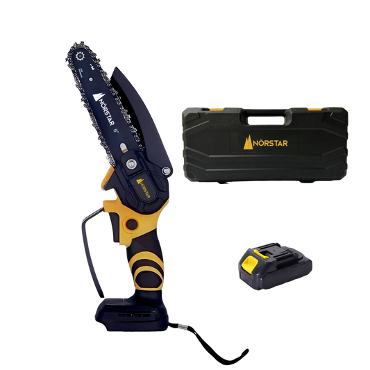 Handheld power tool with black and yellow design, including a case and battery pack on a white background.