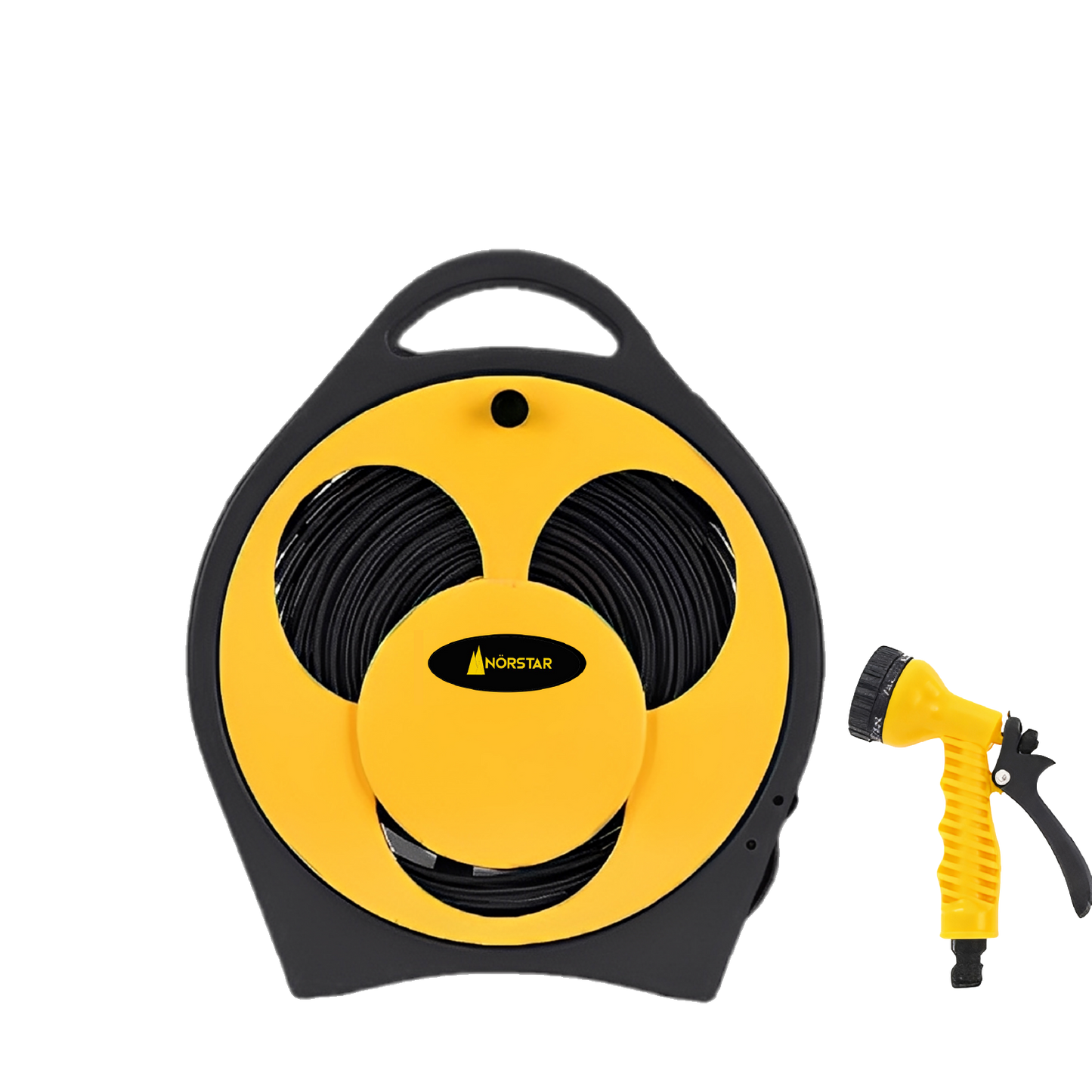 Yellow and black hose reel with a spray nozzle on a white background