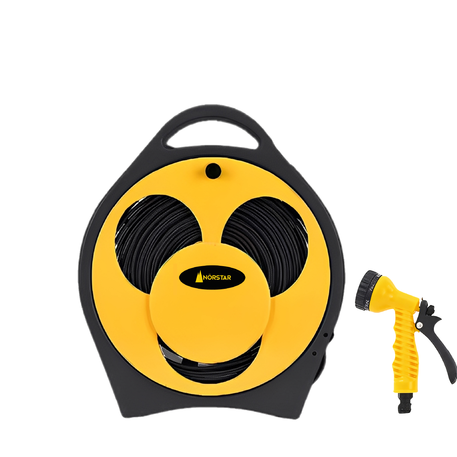 Yellow and black hose reel with a spray nozzle on a white background