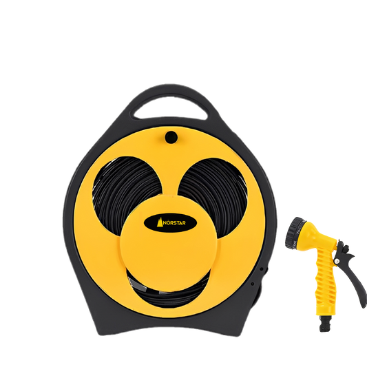 Yellow and black hose reel with a spray nozzle on a white background