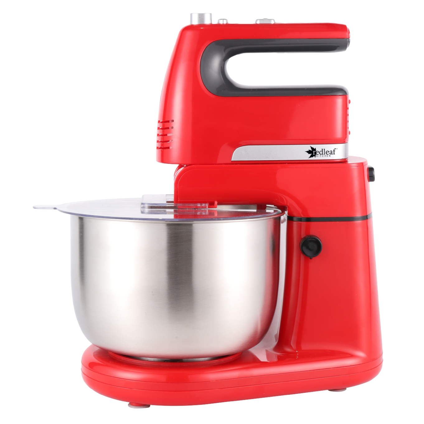 Red stand mixer with a silver bowl on a white background