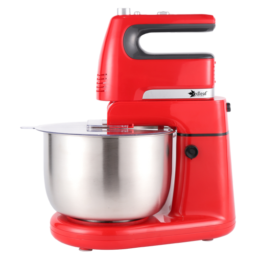 Red stand mixer with a silver bowl on a white background