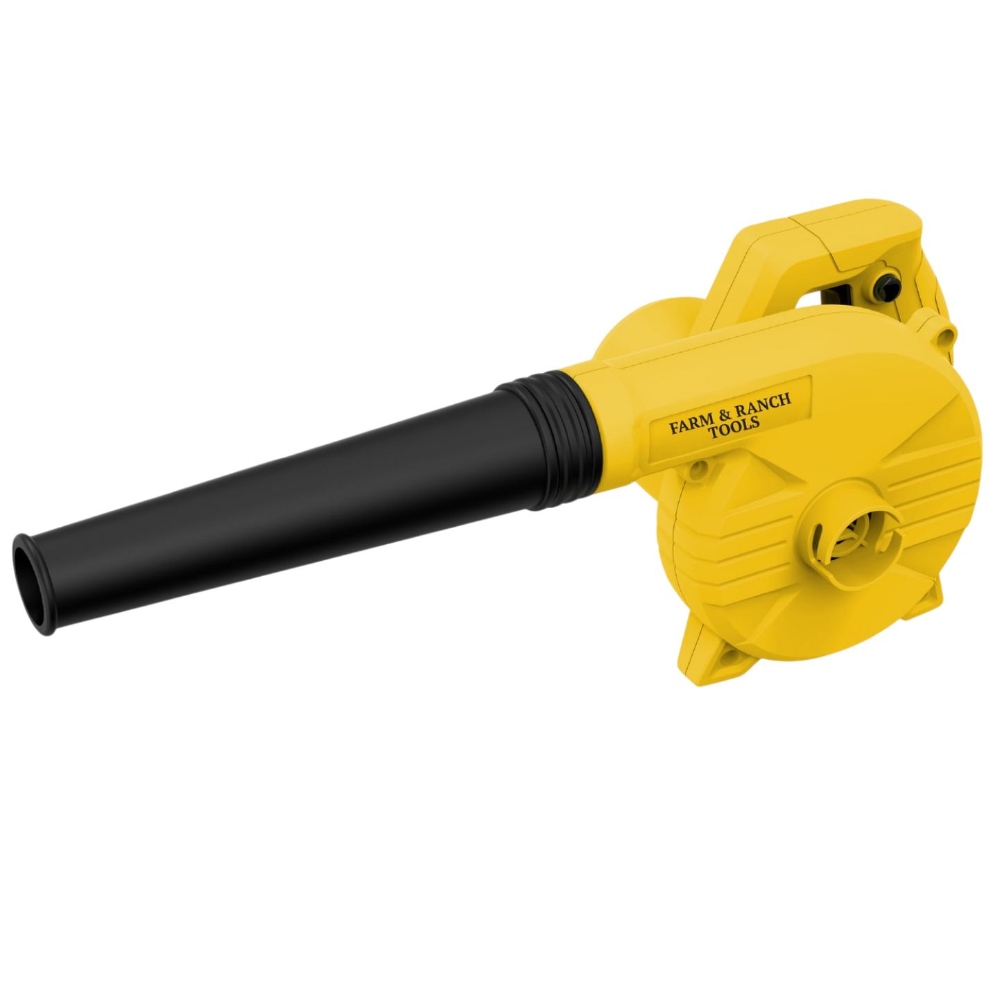Yellow leaf blower with black nozzle on a white background