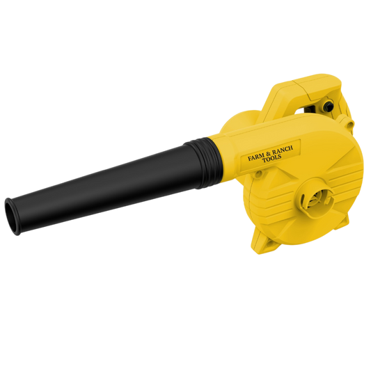 Yellow leaf blower with black nozzle on a white background