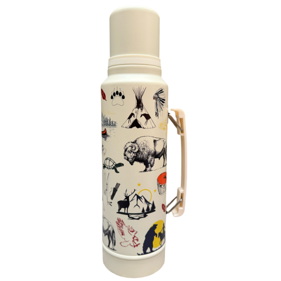 A cream-colored insulated vacuum flask with a matching lid and a light beige handle, decorated with black line drawings of a bison, teepee, moose, and other Native American-inspired motifs, set against a plain white background.