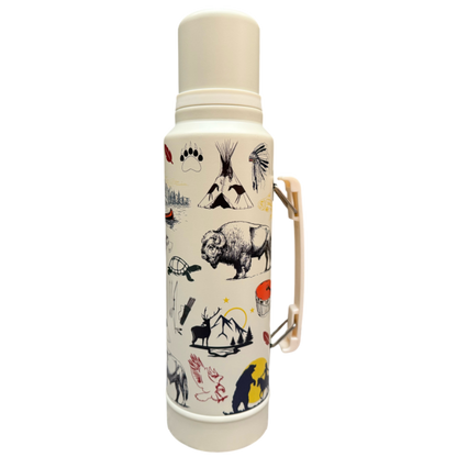 A cream-colored insulated vacuum flask with a matching lid and a light beige handle, decorated with black line drawings of a bison, teepee, moose, and other Native American-inspired motifs, set against a plain white background.