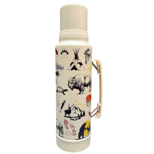 A cream-colored insulated vacuum flask with a matching lid and a light beige handle, decorated with black line drawings of a bison, teepee, moose, and other Native American-inspired motifs, set against a plain white background.