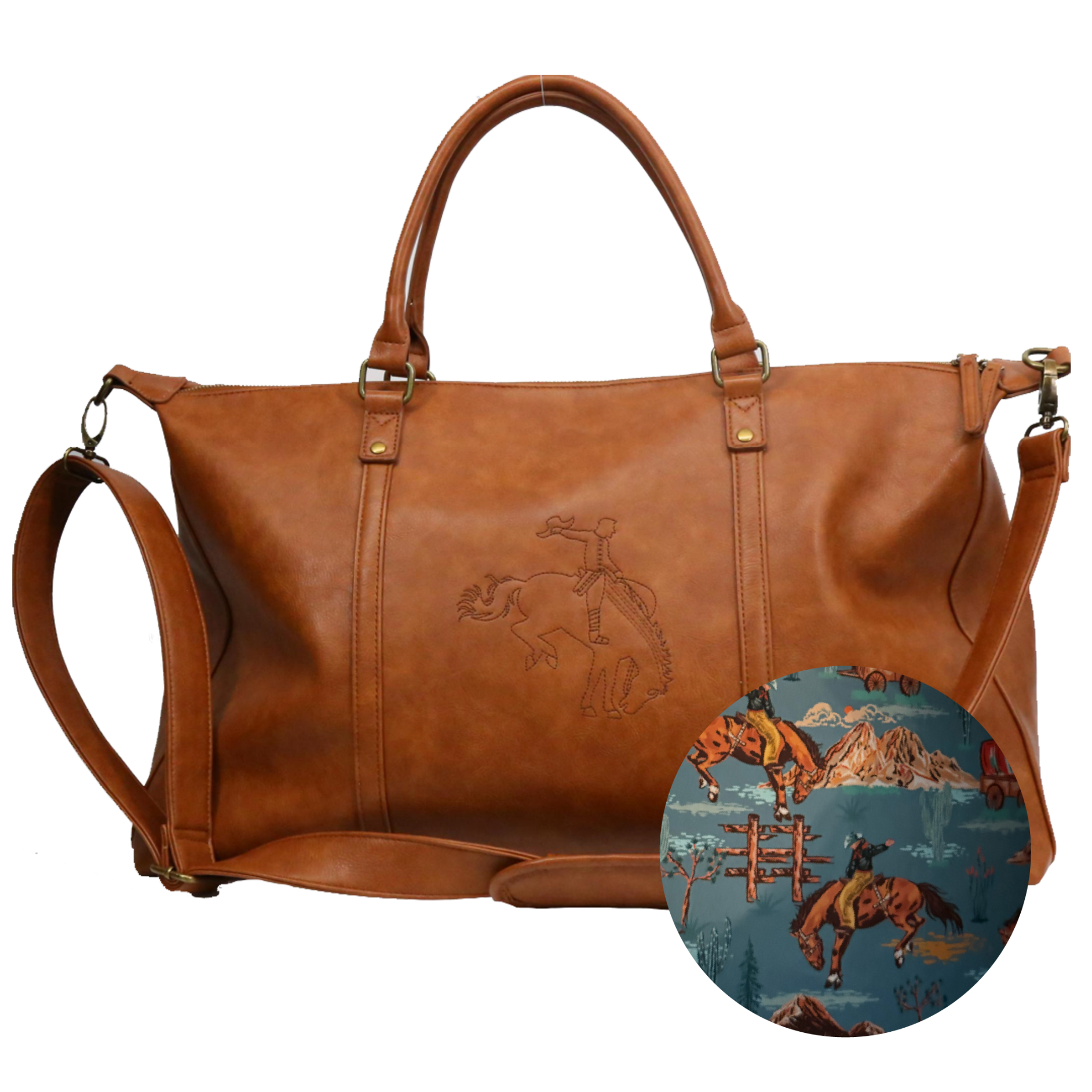 Brown leather bag with a cowboy and horse emblem on a white background