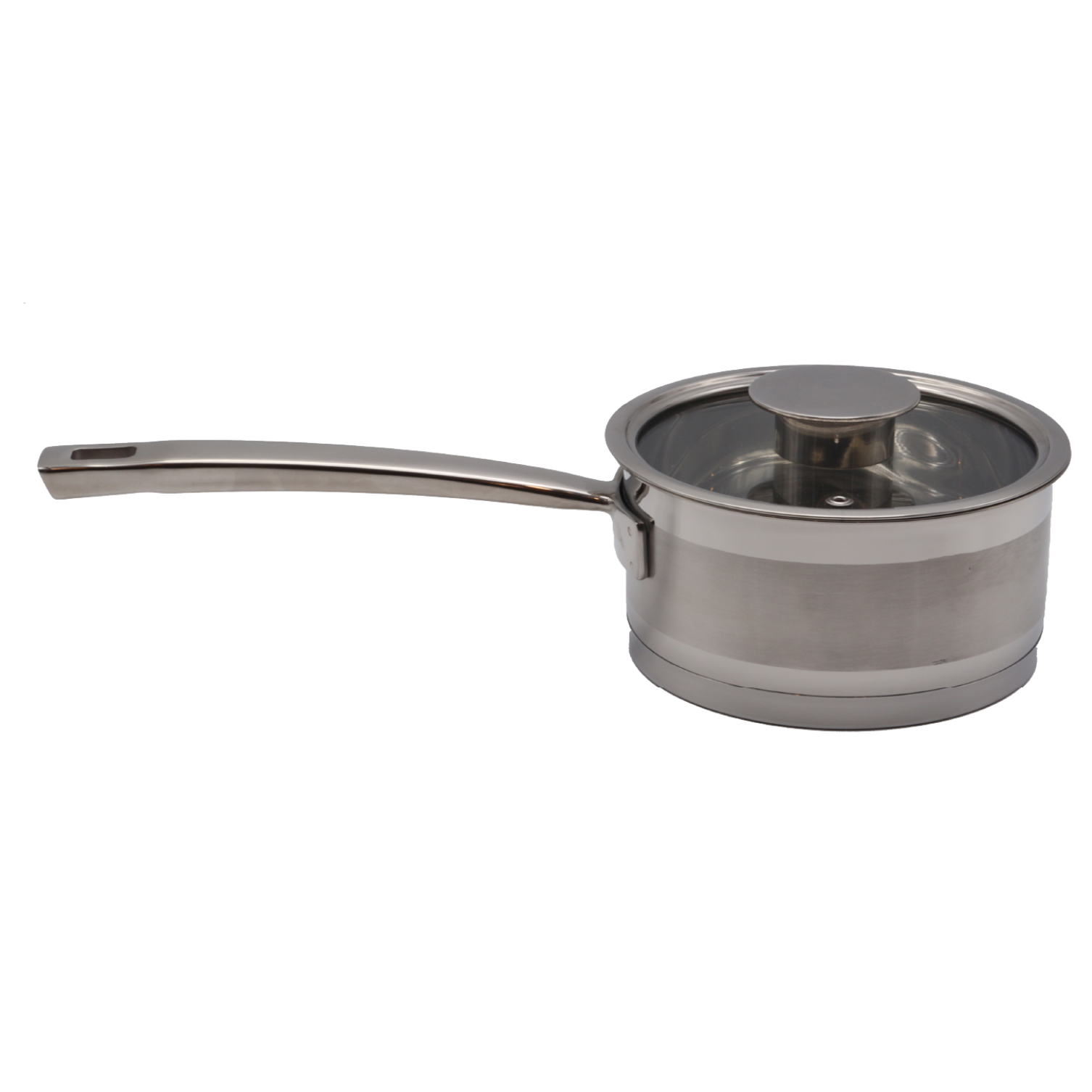 Stainless steel saucepan with lid on a white background