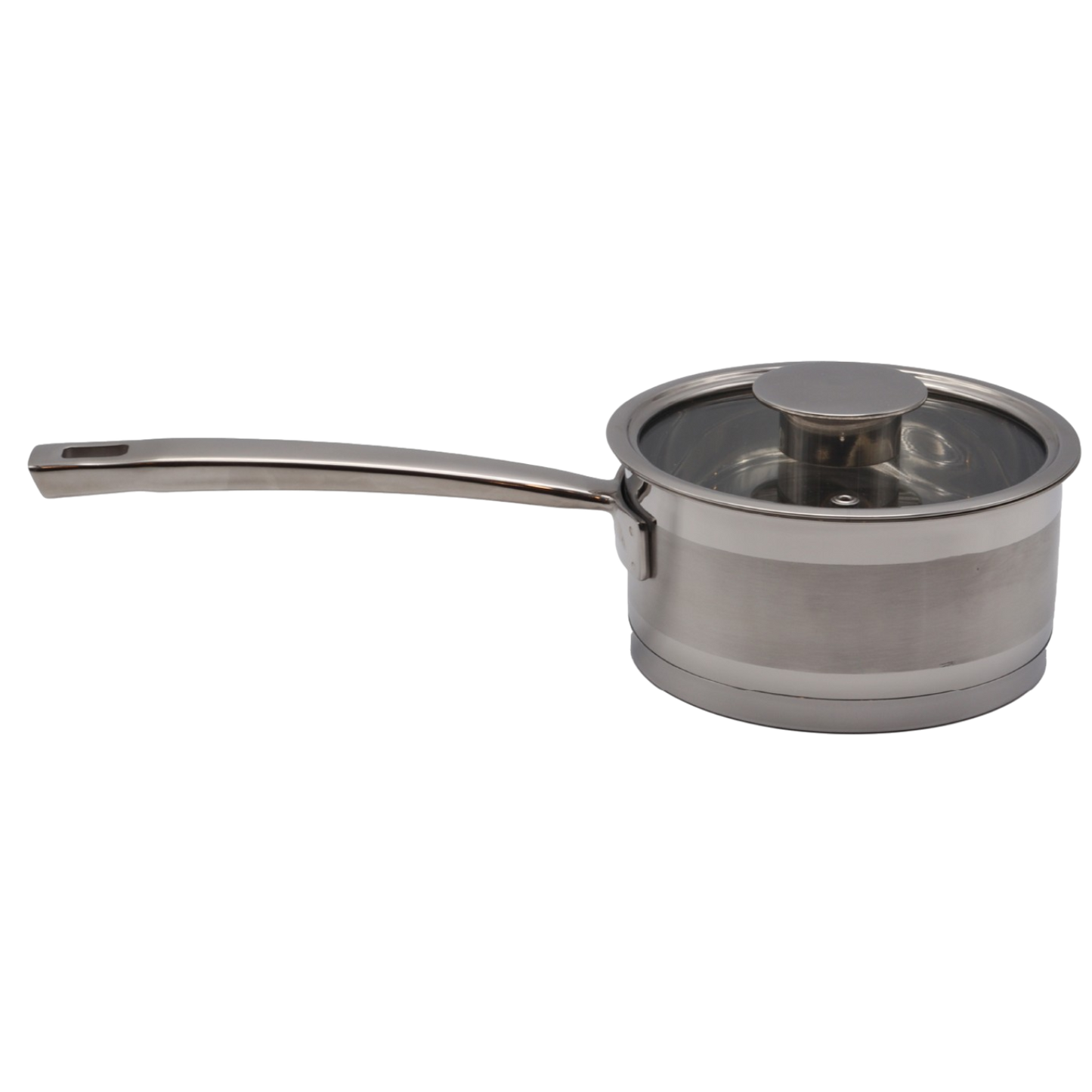 Stainless steel saucepan with lid on a white background