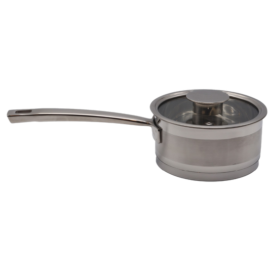 Stainless steel saucepan with lid on a white background