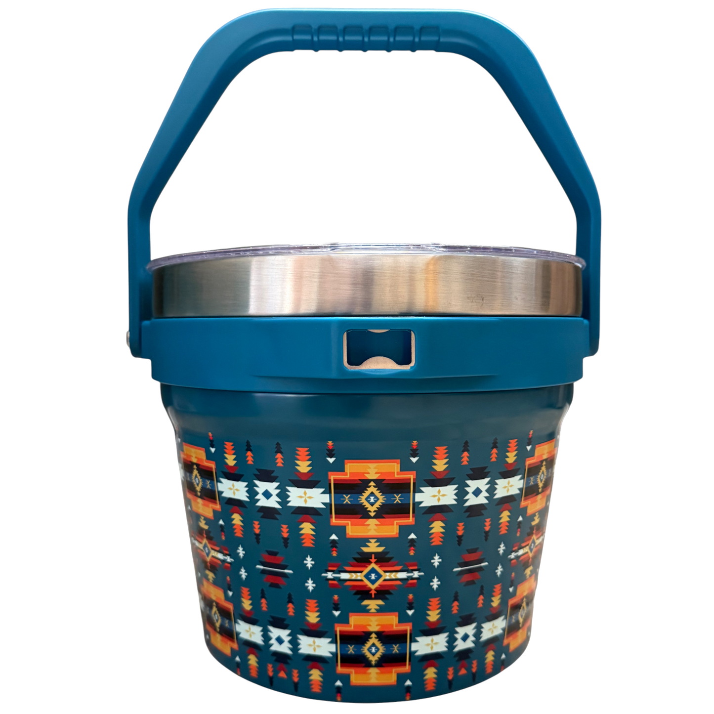 Blue bucket with a patterned design and blue handle on a white background