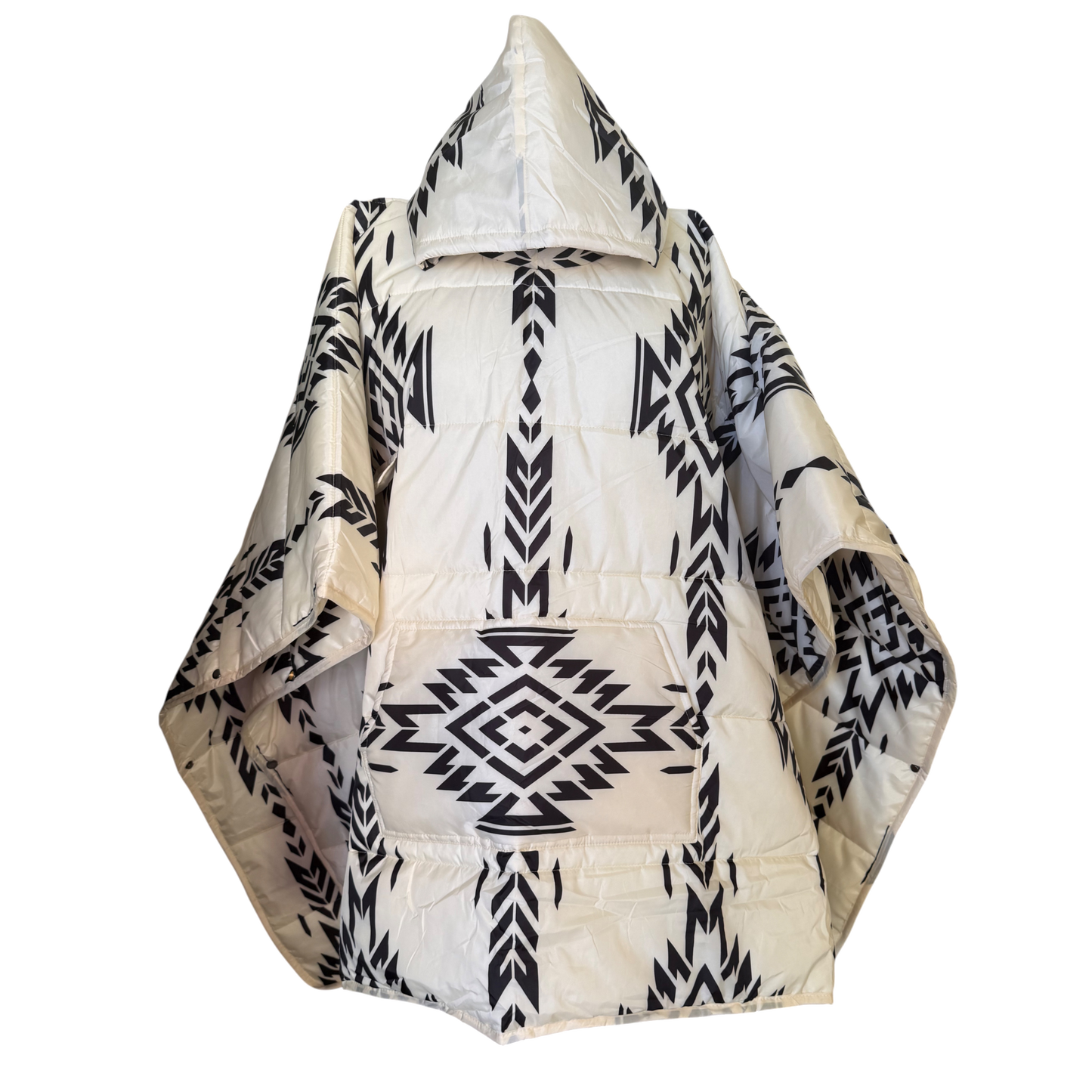 White puffer jacket with black geometric patterns on a white background