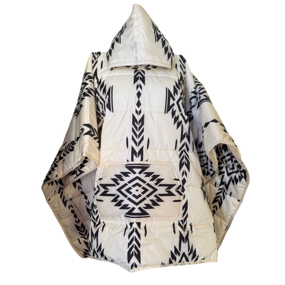 White puffer jacket with black geometric patterns on a white background