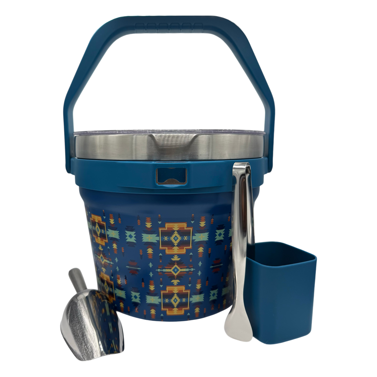 A blue and gold patterned ice bucket with a stainless steel interior, accompanied by a metal scoop, a metal spatula, and a small blue cup, set against a plain white background.