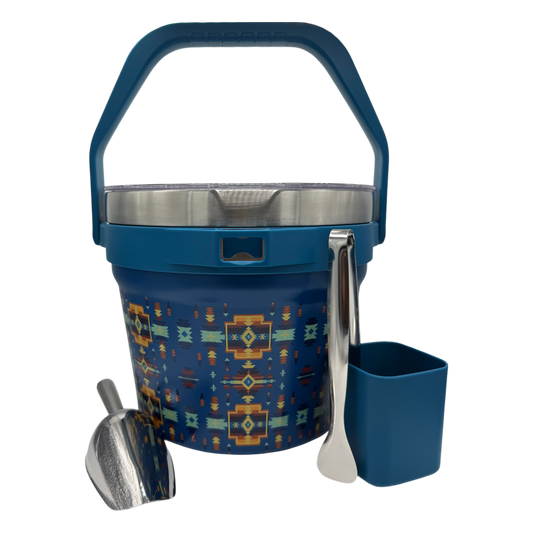 A blue and gold patterned ice bucket with a stainless steel interior, accompanied by a metal scoop, a metal spatula, and a small blue cup, set against a plain white background.