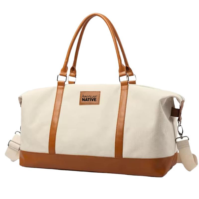 Beige duffel bag with brown accents and a visible brand logo on a white background