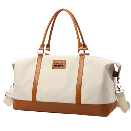 Beige duffel bag with brown accents and a visible brand logo on a white background